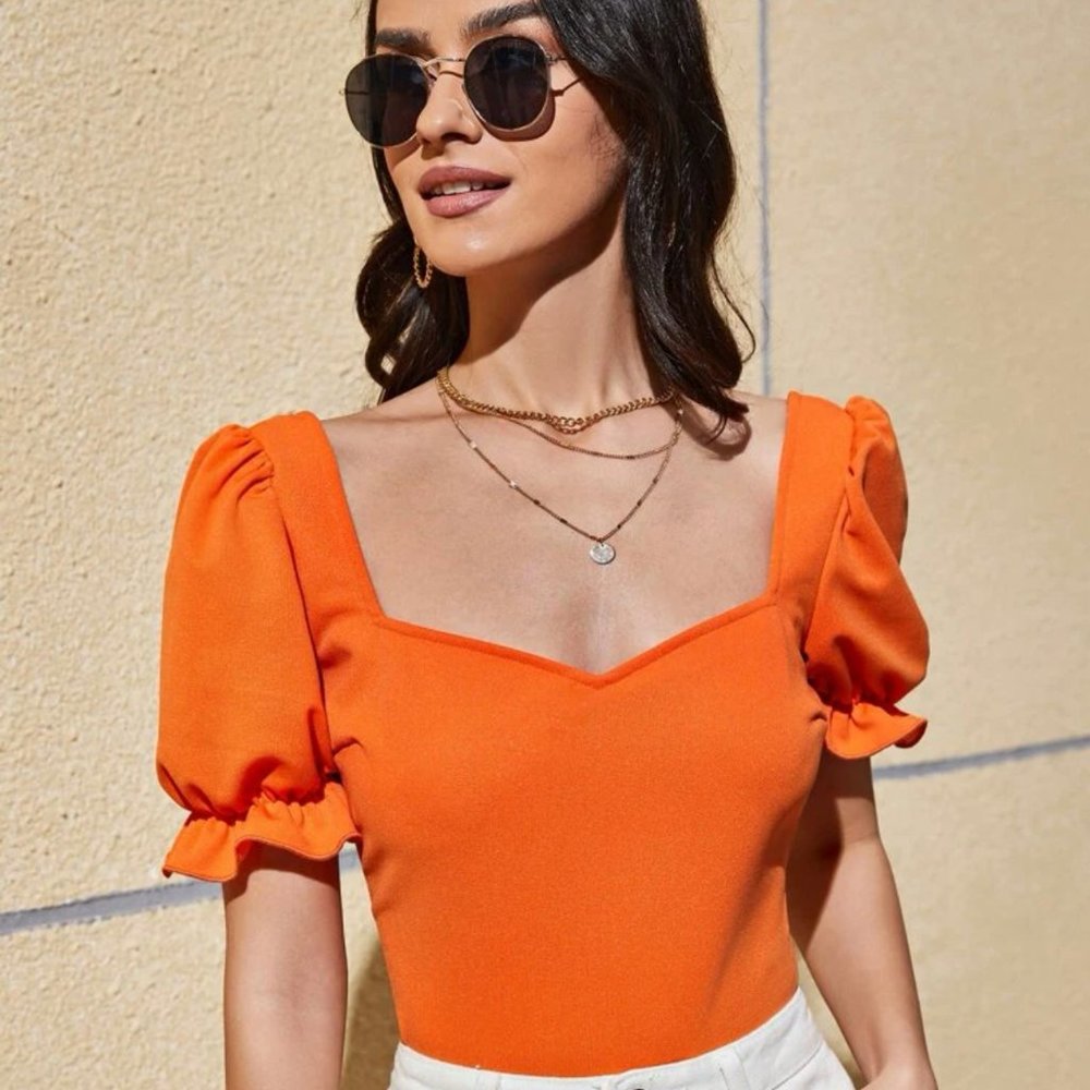 SHEIN Ruffle Cuff Puff Sleeve Solid Top